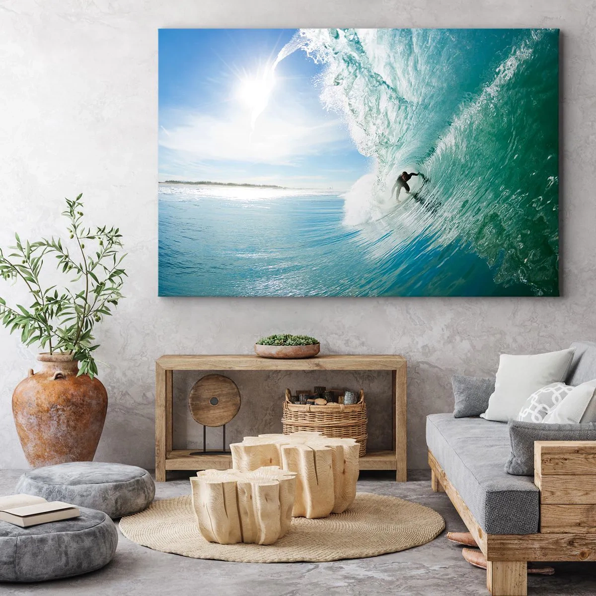 Lærredstryk - Billede på lærred - En surfer rider på en bølge i sollyset mod en blå himmel - 70x50cm - Altid på bølgen - Moderne vægdekoration til stue og soveværelse ARTTOR