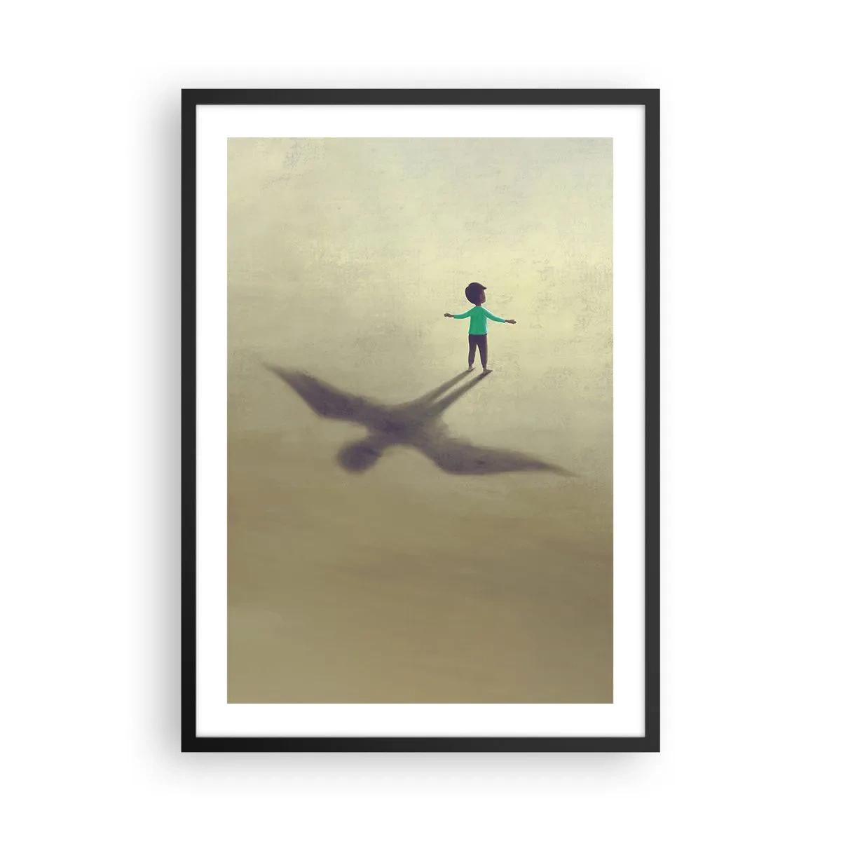 Plakat i sort ramme - Et barn med en fugleskygge mod en pastelfarvet himmel - 50x70cm - Fremtidens helt - Moderne vægdekoration til stue og soveværelse ARTTOR