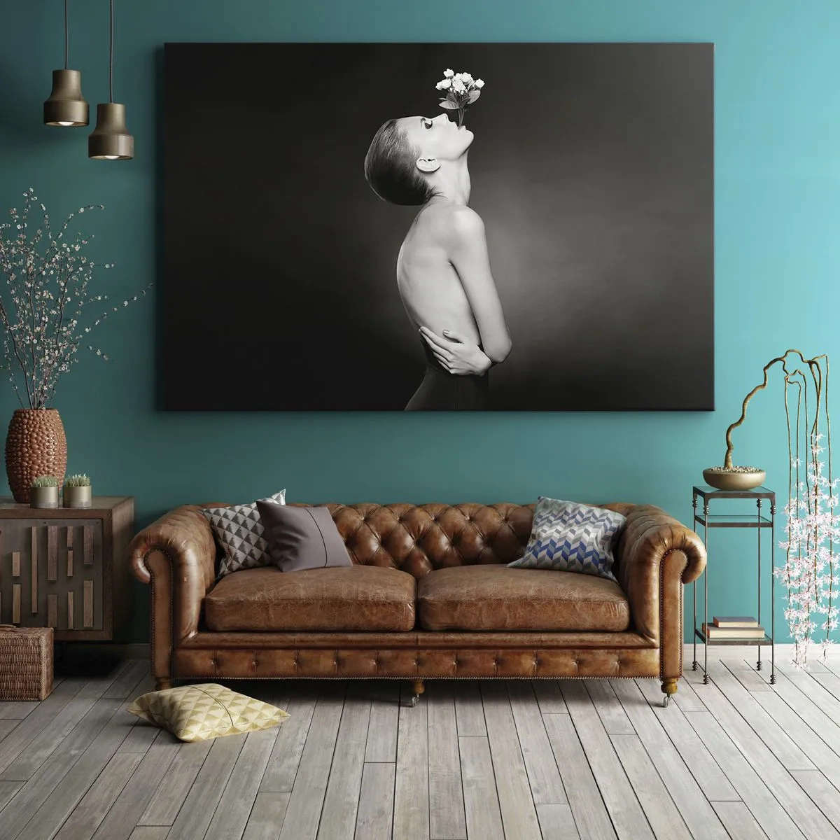 Lærredstryk - Billede på lærred - Sort og hvid silhuet af en kvinde med en blomst - 70x50cm - Excentrisk elegance - Moderne vægdekoration til stue og soveværelse ARTTOR