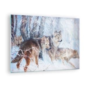 Billede på glas - Tre ulve i en vinterskov omgivet af sne - 70x50cm - OBS! På vej... - Moderne vægdekoration til stue og soveværelse ARTTOR