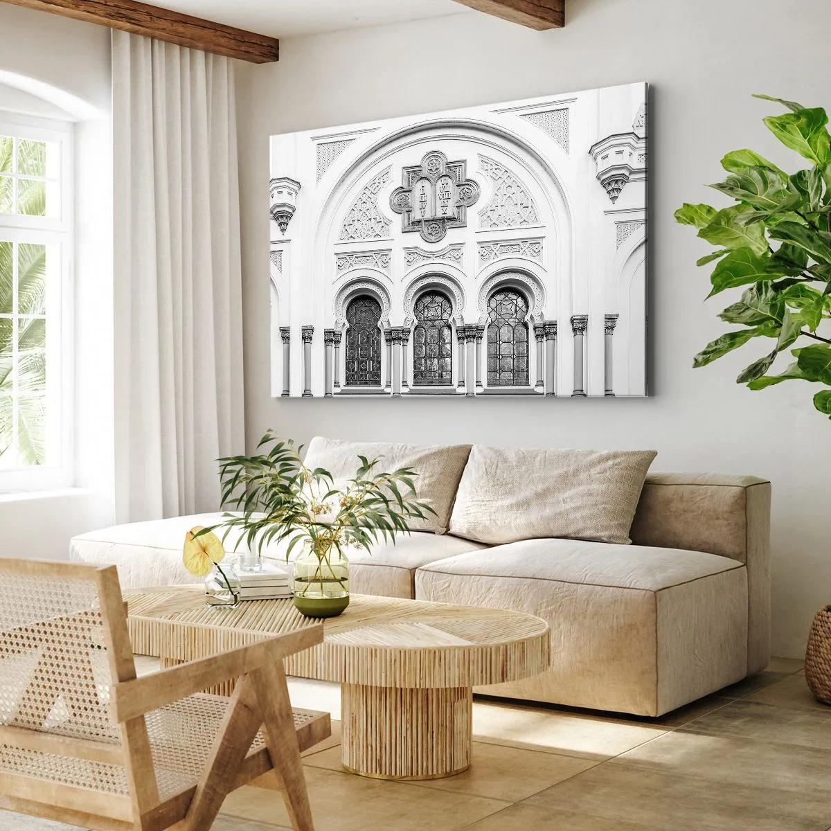 Lærredstryk - Billede på lærred - Arkitektoniske detaljer af facaden i en monokromatisk stil - 70x50cm - På grænsen mellem kulturer - Moderne vægdekoration til stue og soveværelse ARTTOR