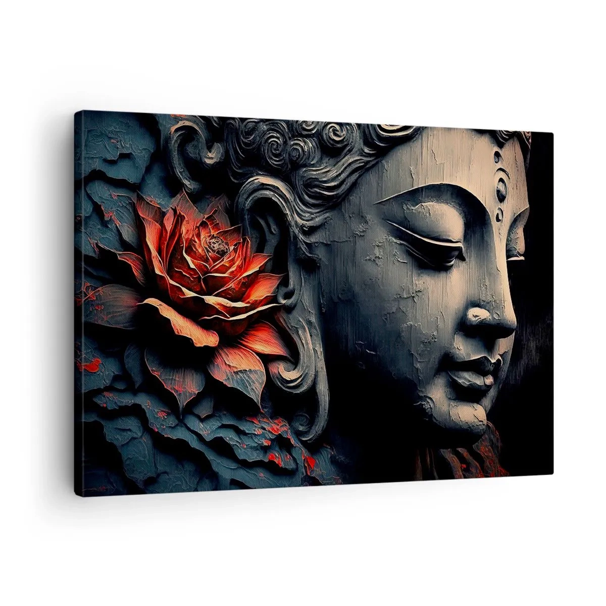 Lærredstryk - Billede på lærred - Buddha-skulptur med en rød lotusblomst - 70x50cm - I pagt med verden - Moderne vægdekoration til stue og soveværelse ARTTOR