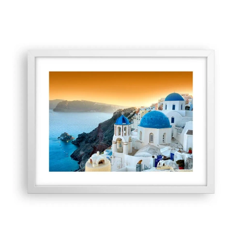 Plakat i hvid ramme - Santorini - omfavnet af klipperne - 40x30 cm