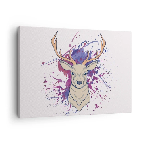 Lærredstryk - Billede på lærred - Portræt af en hjort med abstrakte pletter i baggrunden - 70x50cm - Mod og balance - Moderne vægdekoration til stue og soveværelse ARTTOR