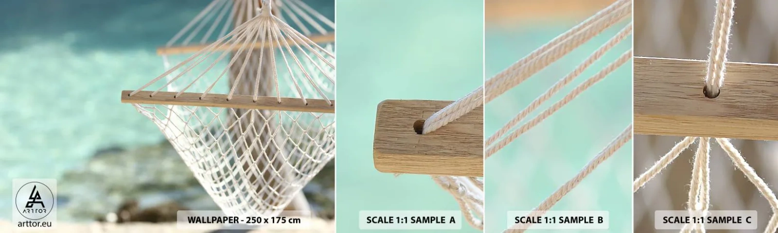 Prøve Fototapet Selvklæbende Deluxe Sticker - Tid til afslapning - Hængekøje, Strand, Rejser - 100x30 cm