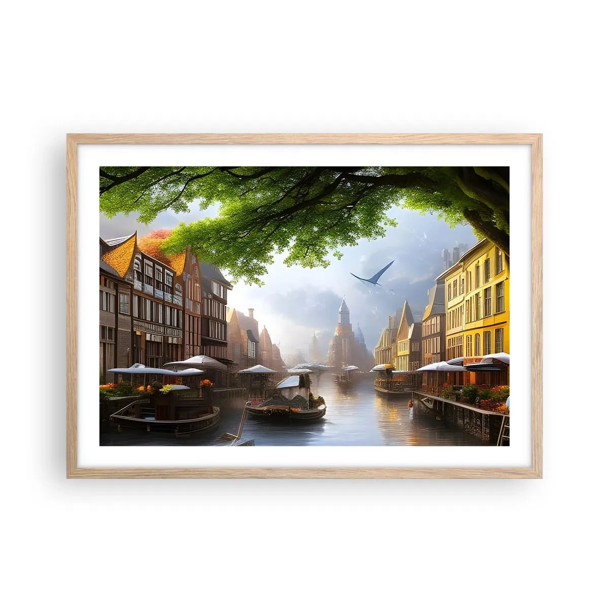 Plakat i ramme af lyst egetræ - Hollandsk bybillede - 70x50 cm