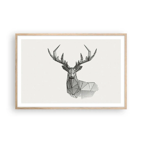 Plakat i ramme af lyst egetræ - Hjorte i kubistisk stil - 91x61 cm