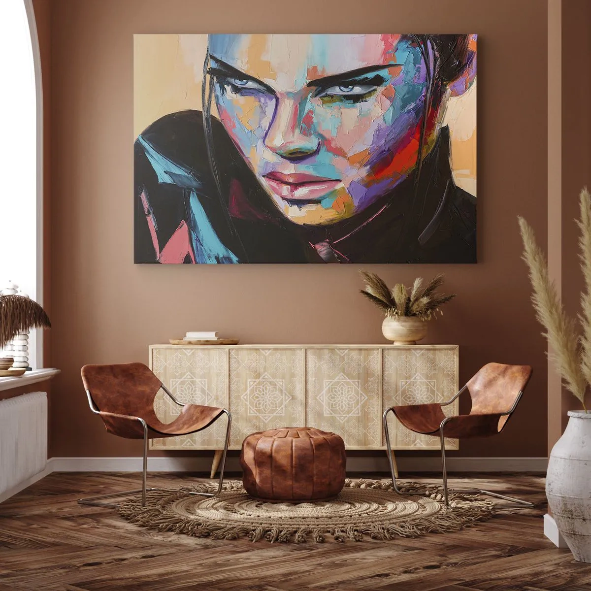 Lærredstryk - Billede på lærred - Portræt af en kvinde i levende abstrakte farver - 70x50cm - Vild i hjertet - Moderne vægdekoration til stue og soveværelse ARTTOR