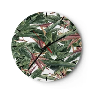 Vægur, Uret - Grønne blade med lilla accenter på en hvid baggrund - 30x30cm - Smaragd- og syrenbuskads - Moderne vægdekoration til stue, køkken og soveværelse ARTTOR