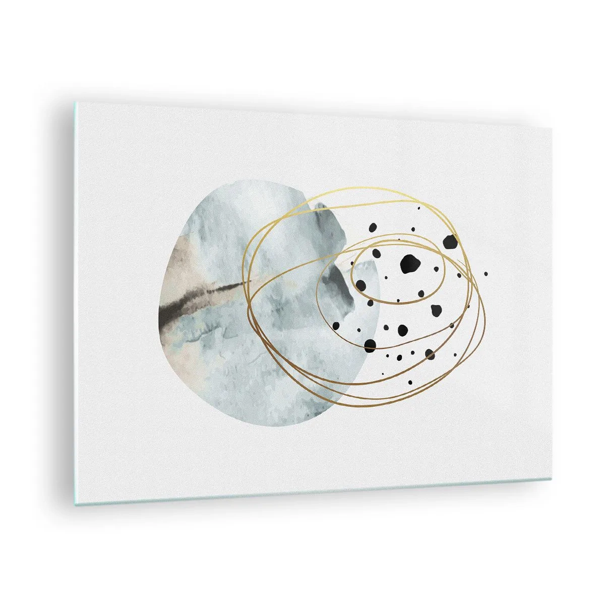 Billede på glas - Abstrakt komposition med en blå plet og gyldne linjer - 70x50cm - I rummets favntag - Moderne vægdekoration til stue og soveværelse ARTTOR