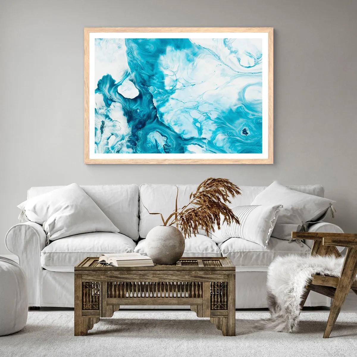 Plakat i ramme af lyst egetræ - Blå koncert - 100x70 cm