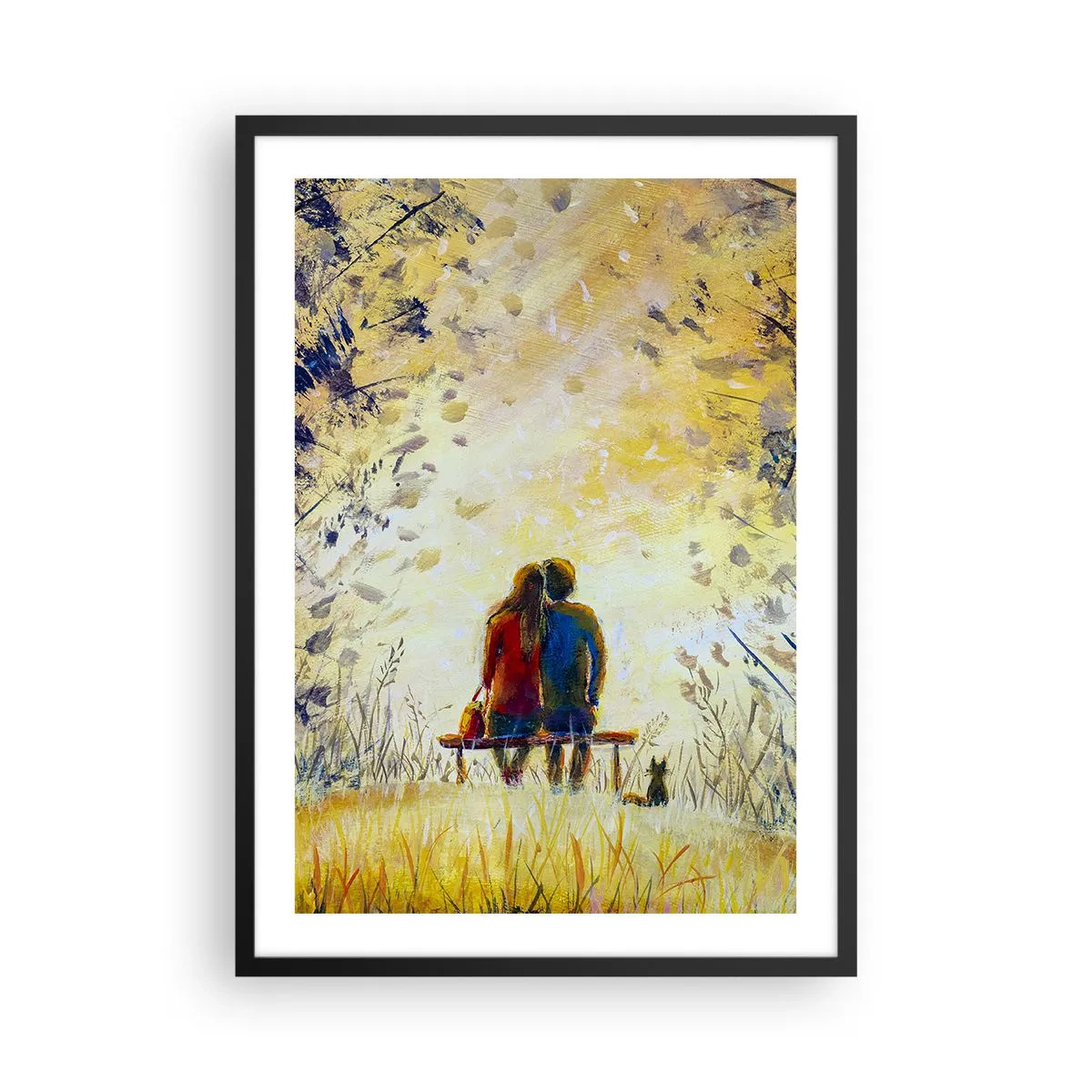 Plakat i sort ramme - Et par sidder på en bænk midt i efterårsfarver ved solnedgang - 50x70cm - Et magisk øjeblik - Moderne vægdekoration til stue og soveværelse ARTTOR