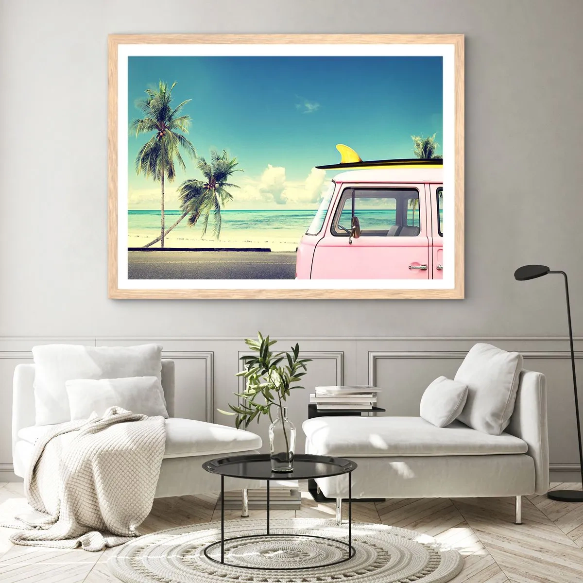 Plakat i ramme af lyst egetræ - Ferietid til at starte - 91x61 cm