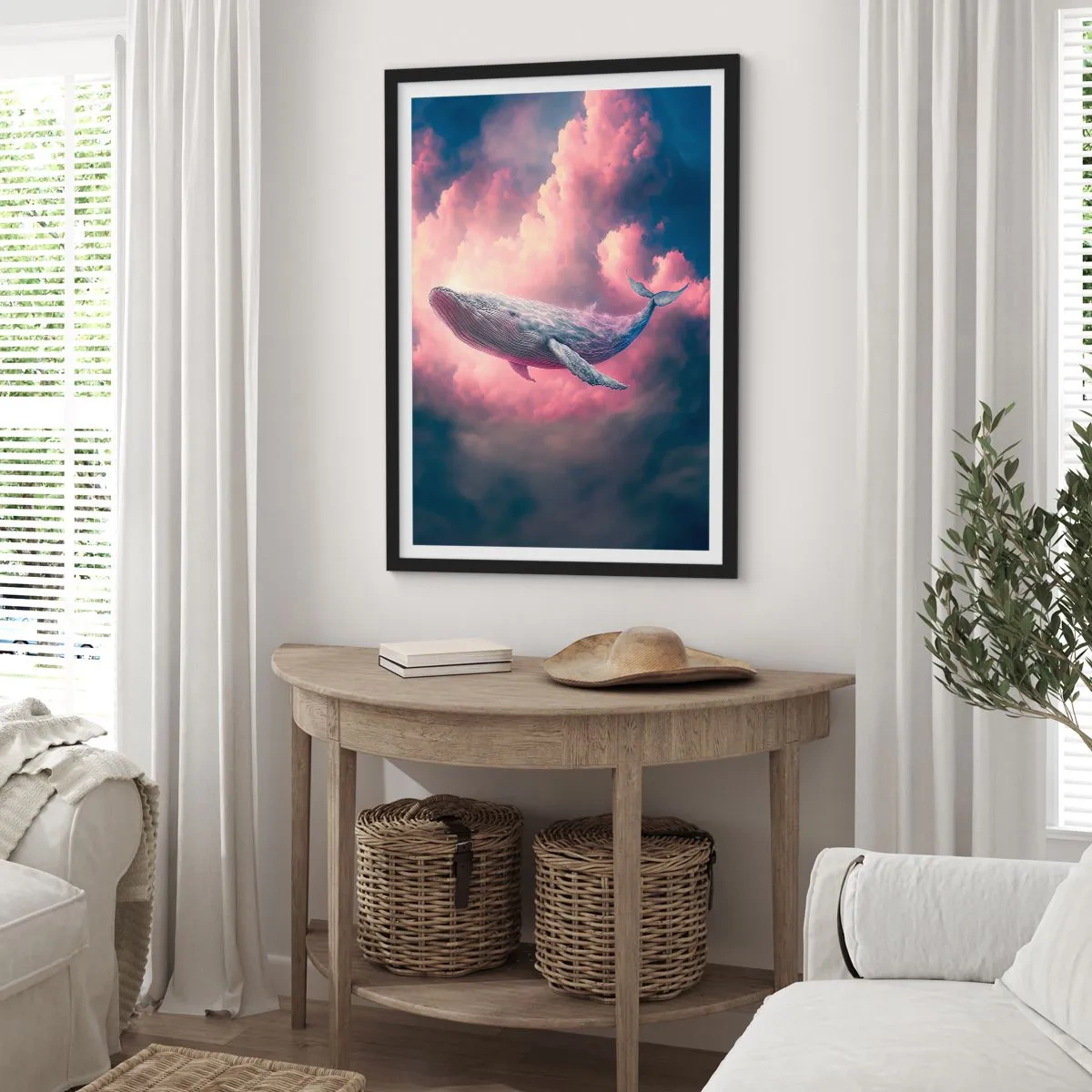 Plakat i sort ramme - En hval flyver blandt lyserøde skyer ved solnedgang. - 50x70cm - Tør dine øjne - Moderne vægdekoration til stue og soveværelse ARTTOR