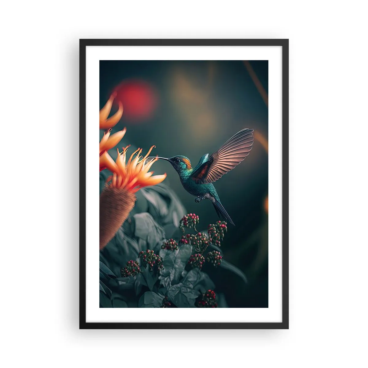 Plakat i sort ramme - En farverig kolibri nær blomster blandt grønne områder - 50x70cm - Et virkelig farverigt liv - Moderne vægdekoration til stue og soveværelse ARTTOR