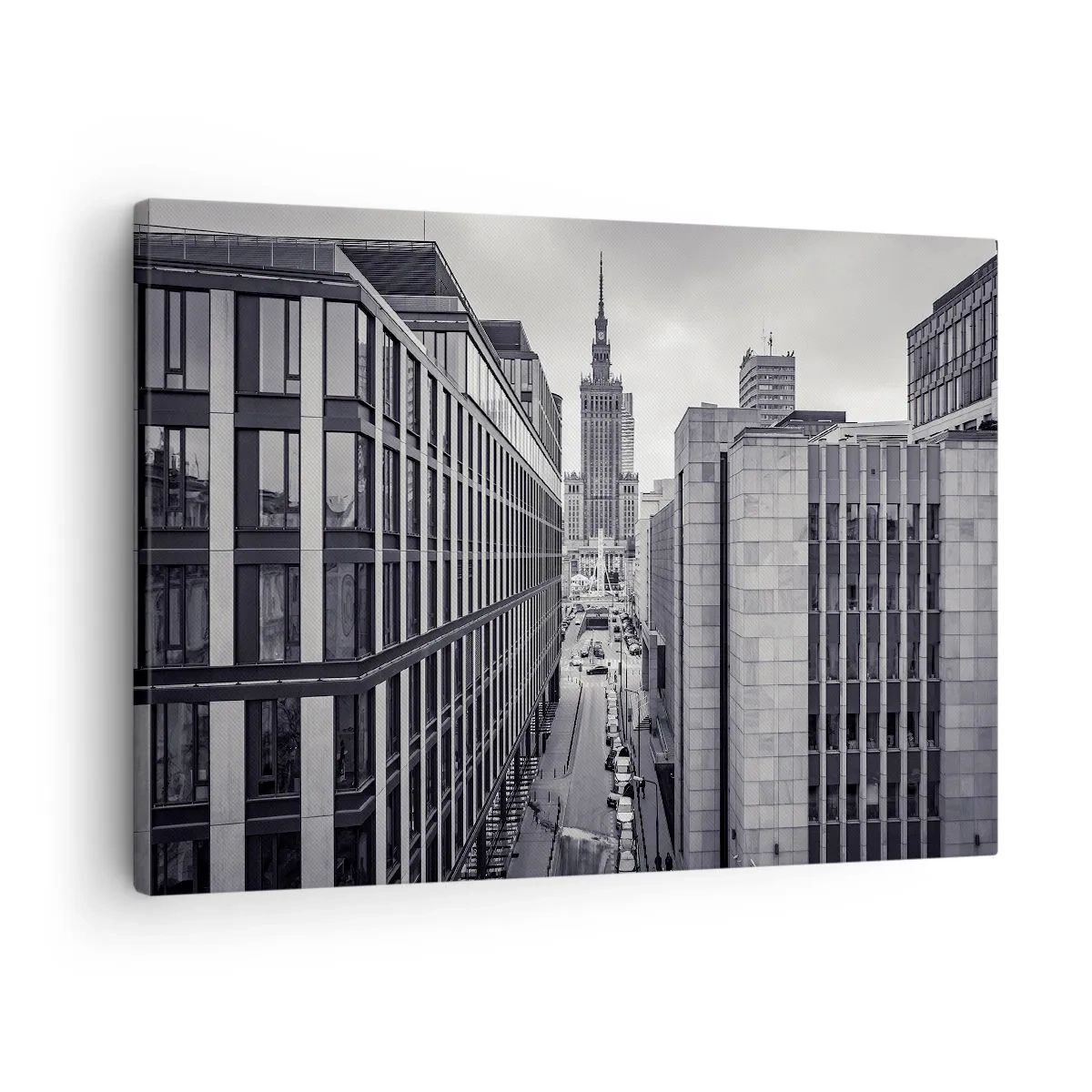 Lærredstryk - Billede på lærred - Panorama over Warszawa med udsigt over Kulturpaladset og de omkringliggende bygninger - 70x50cm - Warszawa dalen - Moderne vægdekoration til stue og soveværelse ARTTOR