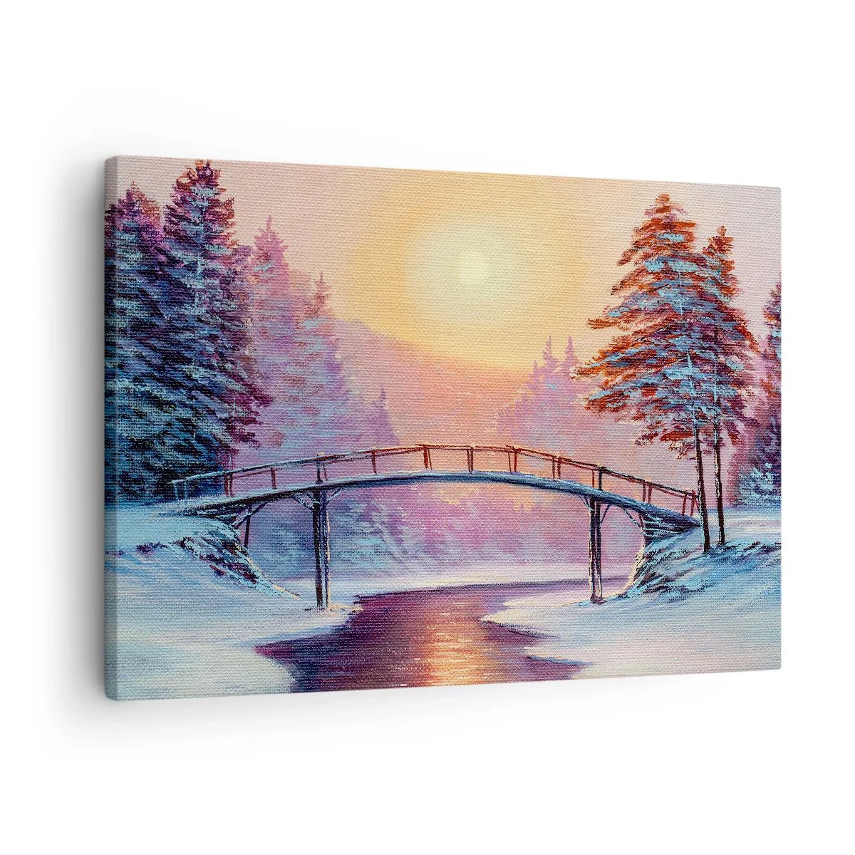 Lærredstryk - Billede på lærred - Vinterlandskab med en bro oplyst af solnedgangen - 70x50cm - De fire årstider - vinter - Moderne vægdekoration til stue og soveværelse ARTTOR