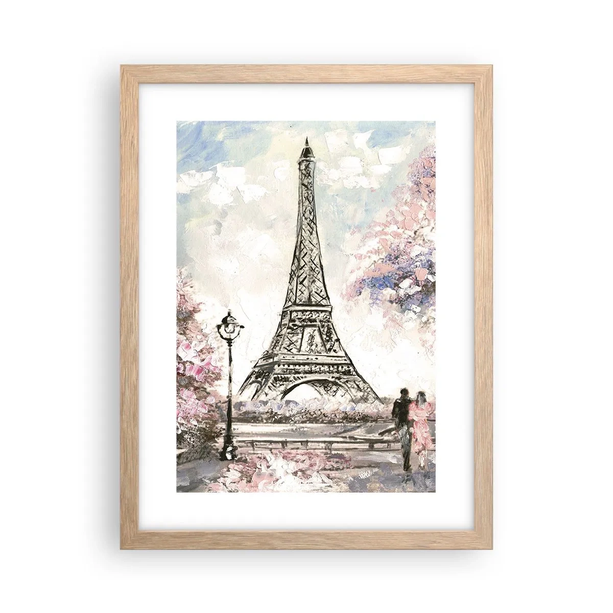 Plakat i ramme af lyst egetræ - April gåtur rundt i Paris - 30x40 cm
