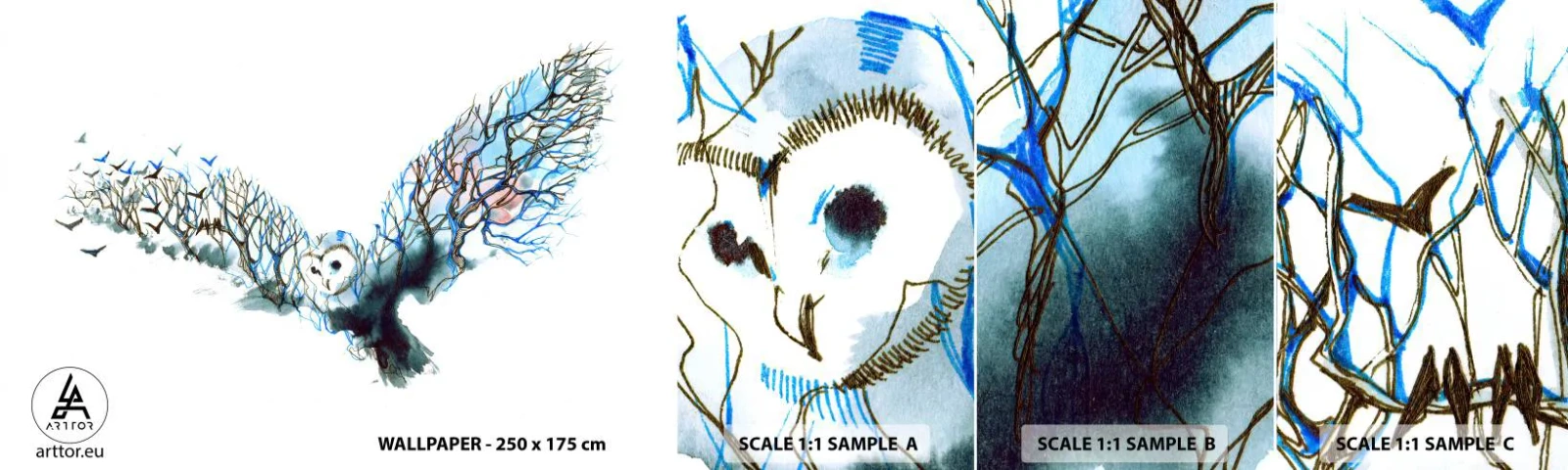 Prøve Fototapet Selvklæbende Deluxe Sticker - På skovens vinger - Abstraktion, Ugle, Fugl - 100x30 cm