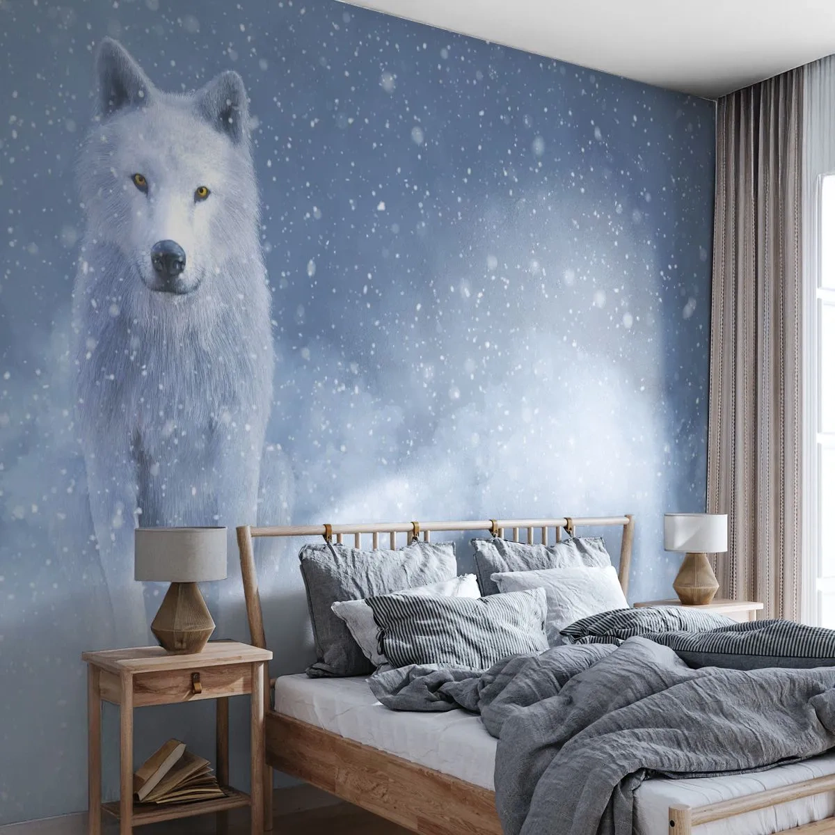 Fototapet Selvklæbende Deluxe Sticker - I vinterens ånd - hvid ulv, Dyr, Vinter - 250x175 cm
