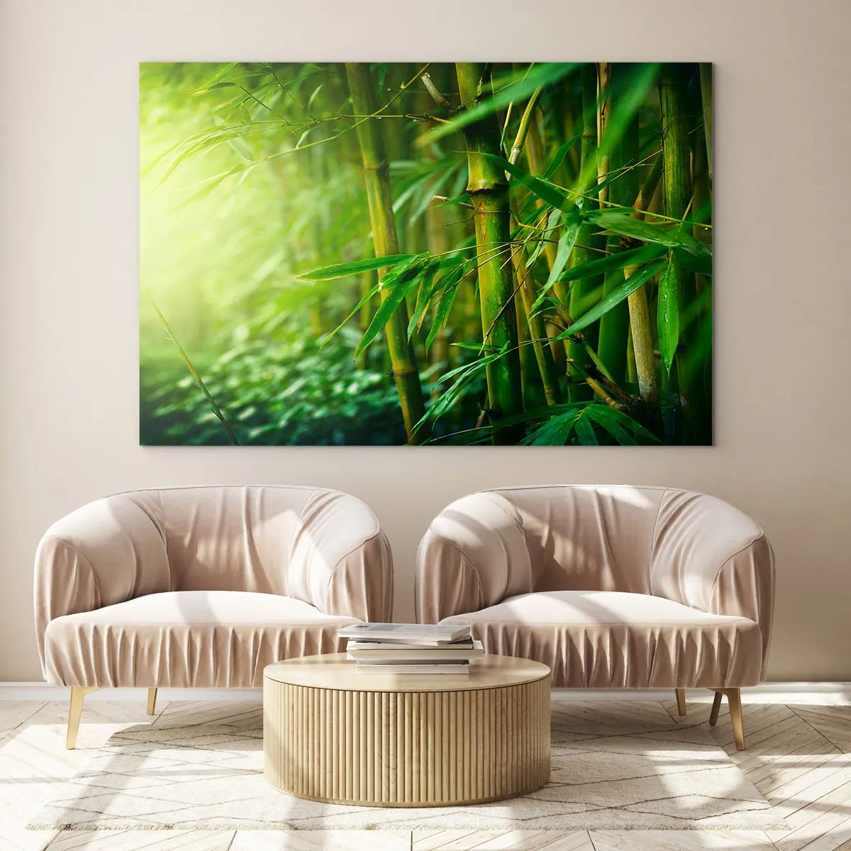 Billede på glas - Grøn bambusskov i solskin - 70x50cm - Lær selve det grønne at kende - Moderne vægdekoration til stue og soveværelse ARTTOR