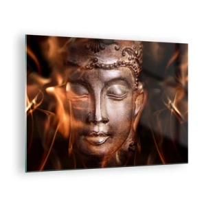 Billede på glas - Buddhas disede ansigt i varme nuancer af guld og brunt - 70x50cm - Den eksisterer kun her og nu - Moderne vægdekoration til stue og soveværelse ARTTOR