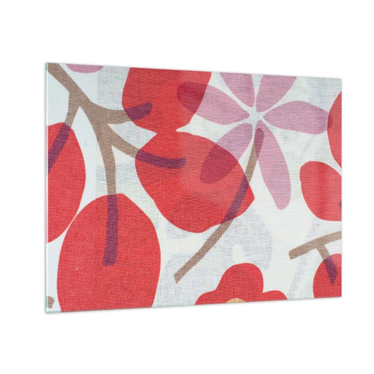 Billede på glas - Lyserøde og røde blade og blomster på en lys baggrund - 70x50cm - Blomsterkomposition i pink - Moderne vægdekoration til stue og soveværelse ARTTOR