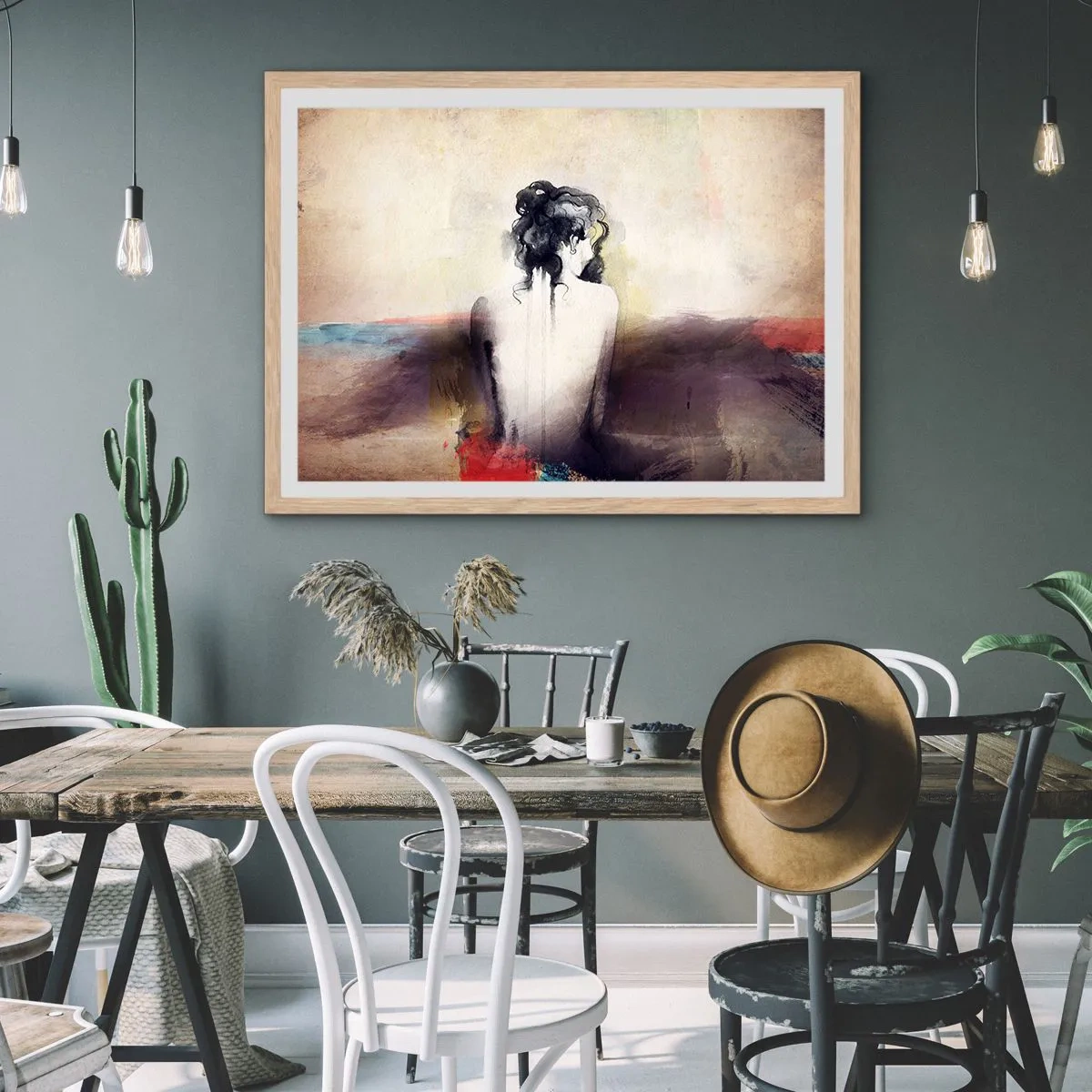 Plakat i ramme af lyst egetræ - Glatte linjer, ovale former - 40x30 cm
