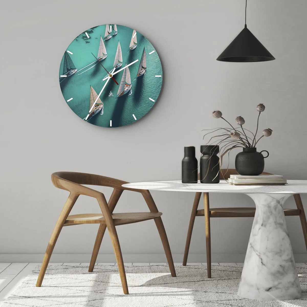 Vægur, Uret - Sejlbåde på turkisblåt vand i et dynamisk arrangement - 30x30cm - Konkurrerer med vinden - Moderne vægdekoration til stue, køkken og soveværelse ARTTOR