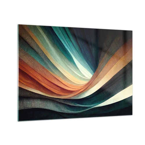 Billede på glas - Farverige bølger i nuancer af turkis, orange og beige - 70x50cm - Vævet af farver - Moderne vægdekoration til stue og soveværelse ARTTOR