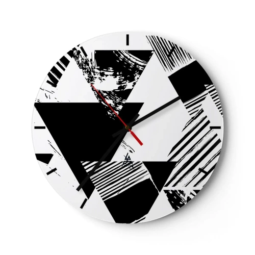 Vægur, Uret - Sort-hvid geometrisk komposition med trekanter - 30x30cm - Regn af trekanter - Moderne vægdekoration til stue, køkken og soveværelse ARTTOR