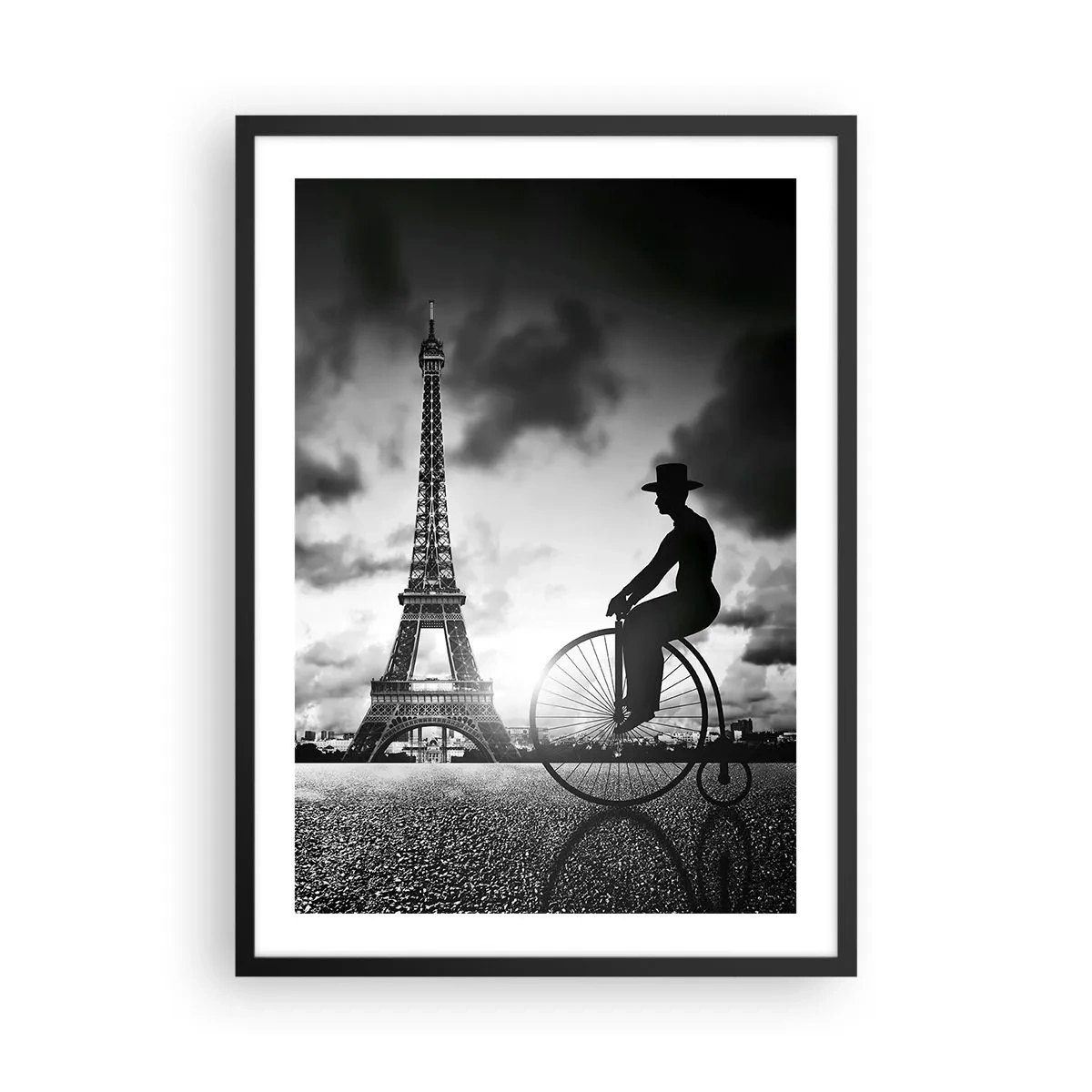 Plakat i sort ramme - Silhuet af en cyklist mod baggrunden af Eiffeltårnet - 50x70cm - Længsel efter Belle Epoque - Moderne vægdekoration til stue og soveværelse ARTTOR