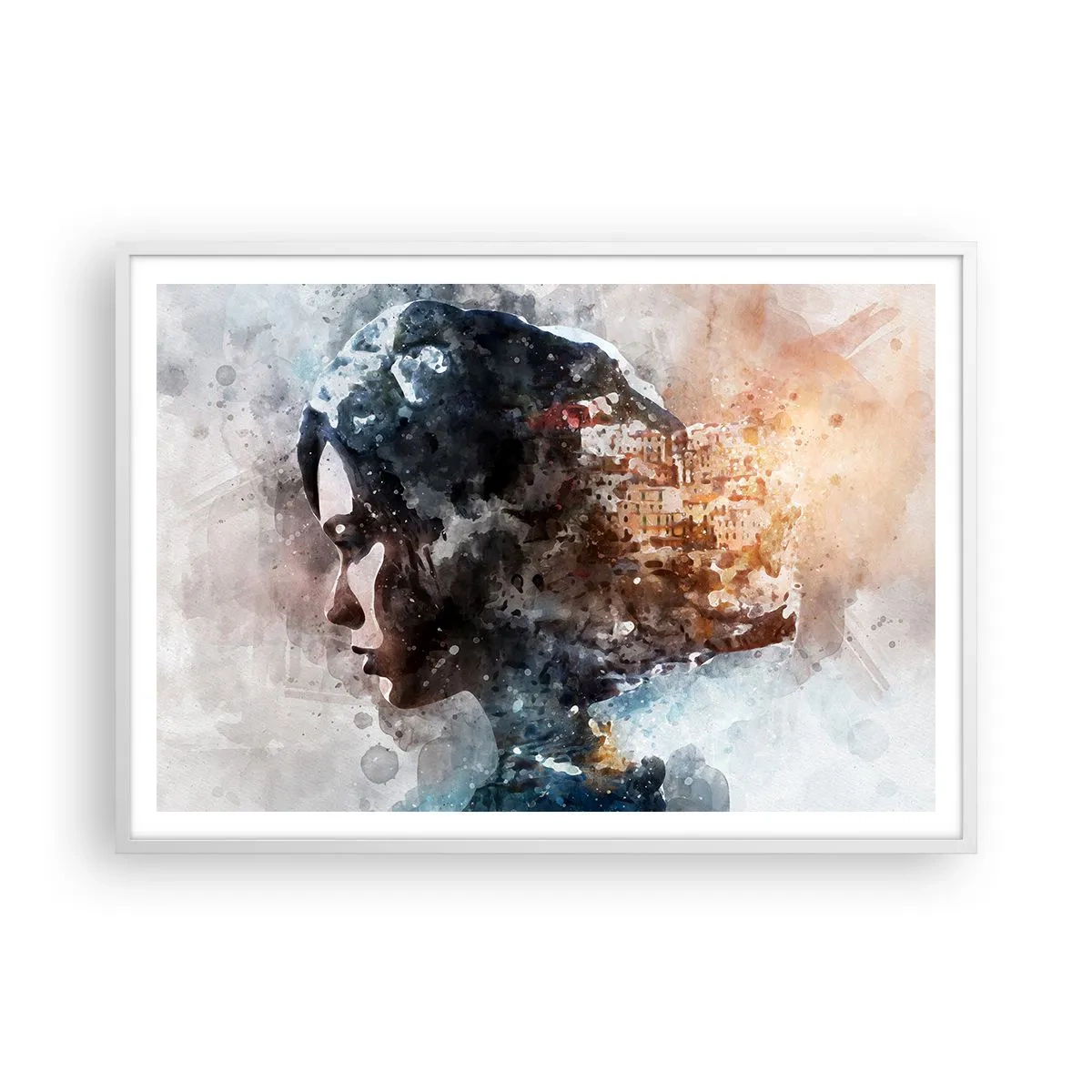 Plakat i hvid ramme - Historien om en pige med en by i baggrunden - 100x70 cm