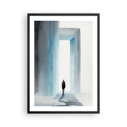 Plakat i sort ramme - En figur, der går gennem en blå port, symboliserer frihed og ubegrænsede muligheder - 50x70cm - Lev uden grænser - Moderne vægdekoration til stue og soveværelse ARTTOR