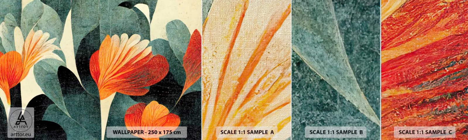 Prøve Fototapet Premium Canvas - Varmen fra troperne og køligheden fra det grønne - Botanik, Boho, Grunge - 100x30 cm