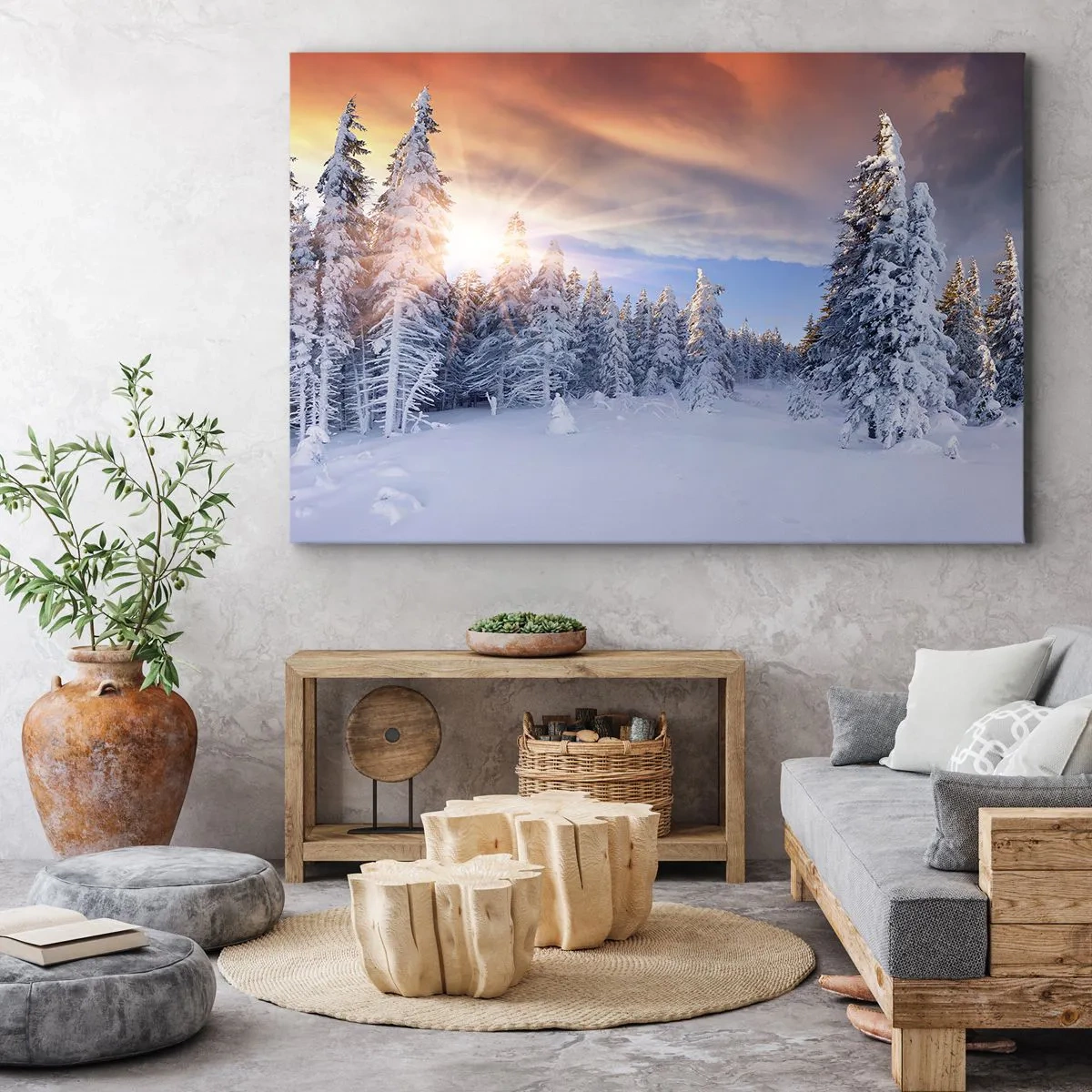Lærredstryk - Billede på lærred - Vinterlandskab med en snedækket skov ved solnedgang - 70x50cm - Et snedækket naturspektakel - Moderne vægdekoration til stue og soveværelse ARTTOR