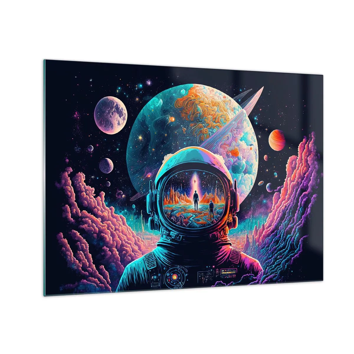 Billede på glas - Et rumlandskab med en astronaut og en surrealistisk planet. - 70x50cm - Filosoffer har aldrig drømt - Moderne vægdekoration til stue og soveværelse ARTTOR