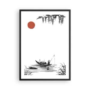 Plakat i sort ramme - Et minimalistisk maleri af en fisker i en båd med en rød sol. - 50x70cm - En asiatisk eftermiddag - Moderne vægdekoration til stue og soveværelse ARTTOR