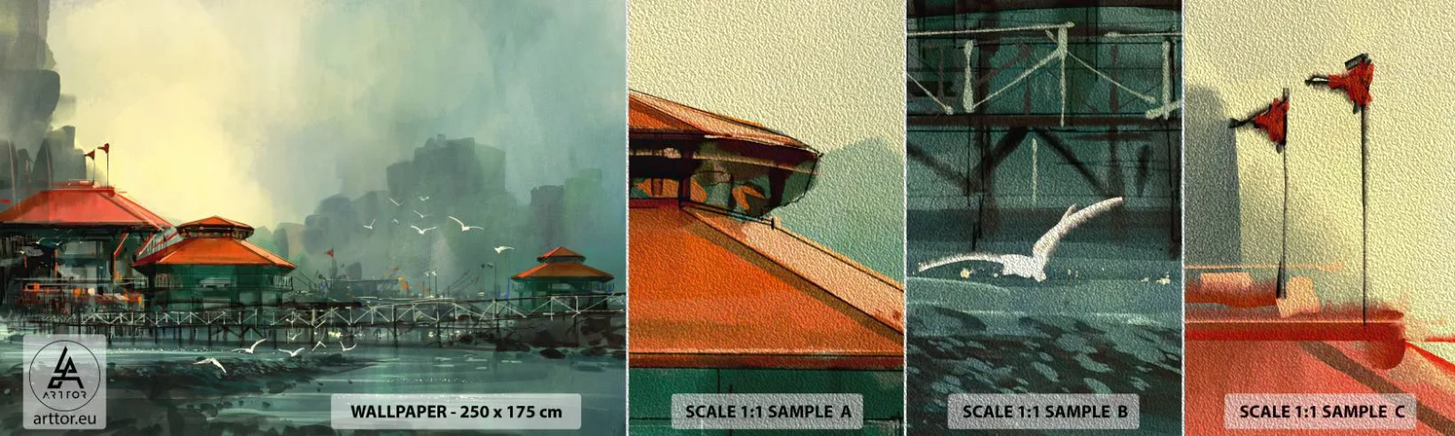 Prøve Fototapet Premium Sand - En regnvejrsdag på havnen - Havneby, Arkitektur, Hav - 100x30 cm