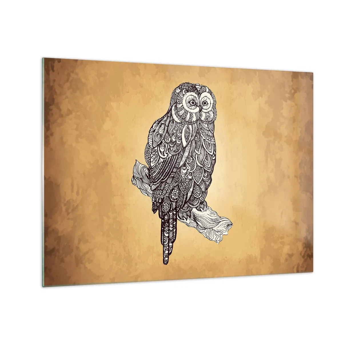 Billede på glas - Ornamental ugle på en sepia baggrund - 70x50cm - Indviklede ornamenter af visdom - Moderne vægdekoration til stue og soveværelse ARTTOR