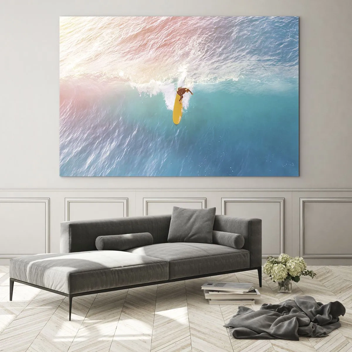 Billede på glas - Surfer rider på en bølge i det turkisblå hav - 70x50cm - Ocean rytter - Moderne vægdekoration til stue og soveværelse ARTTOR