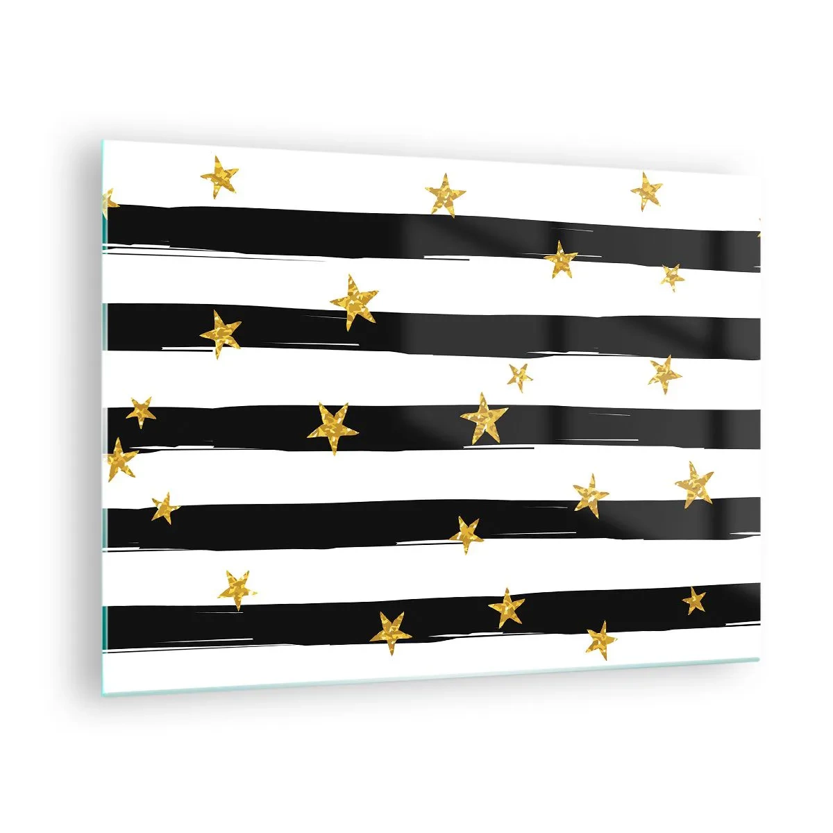 Billede på glas - Sorte og hvide striber med guldstjerner - 70x50cm - Vi blev alle født under en heldig stjerne - Moderne vægdekoration til stue og soveværelse ARTTOR