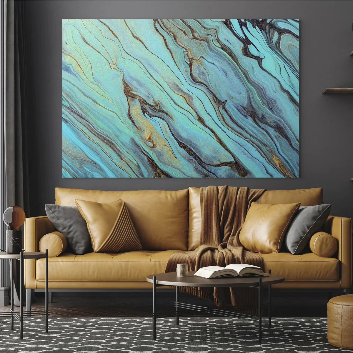 Billede på glas - Abstrakte striber i turkis og guld - 70x50cm - Turkis tidevand - Moderne vægdekoration til stue og soveværelse ARTTOR