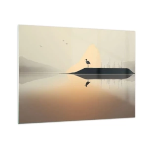 Billede på glas - En hejre står på en ø i det rolige vand i en sø - 70x50cm - Herre på søen - Moderne vægdekoration til stue og soveværelse ARTTOR