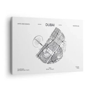 Lærredstryk - Billede på lærred - Et minimalistisk sort-hvidt kort over Dubai med placeringsmarkeringer. - 70x50cm - Dubais anatomi - Moderne vægdekoration til stue og soveværelse ARTTOR