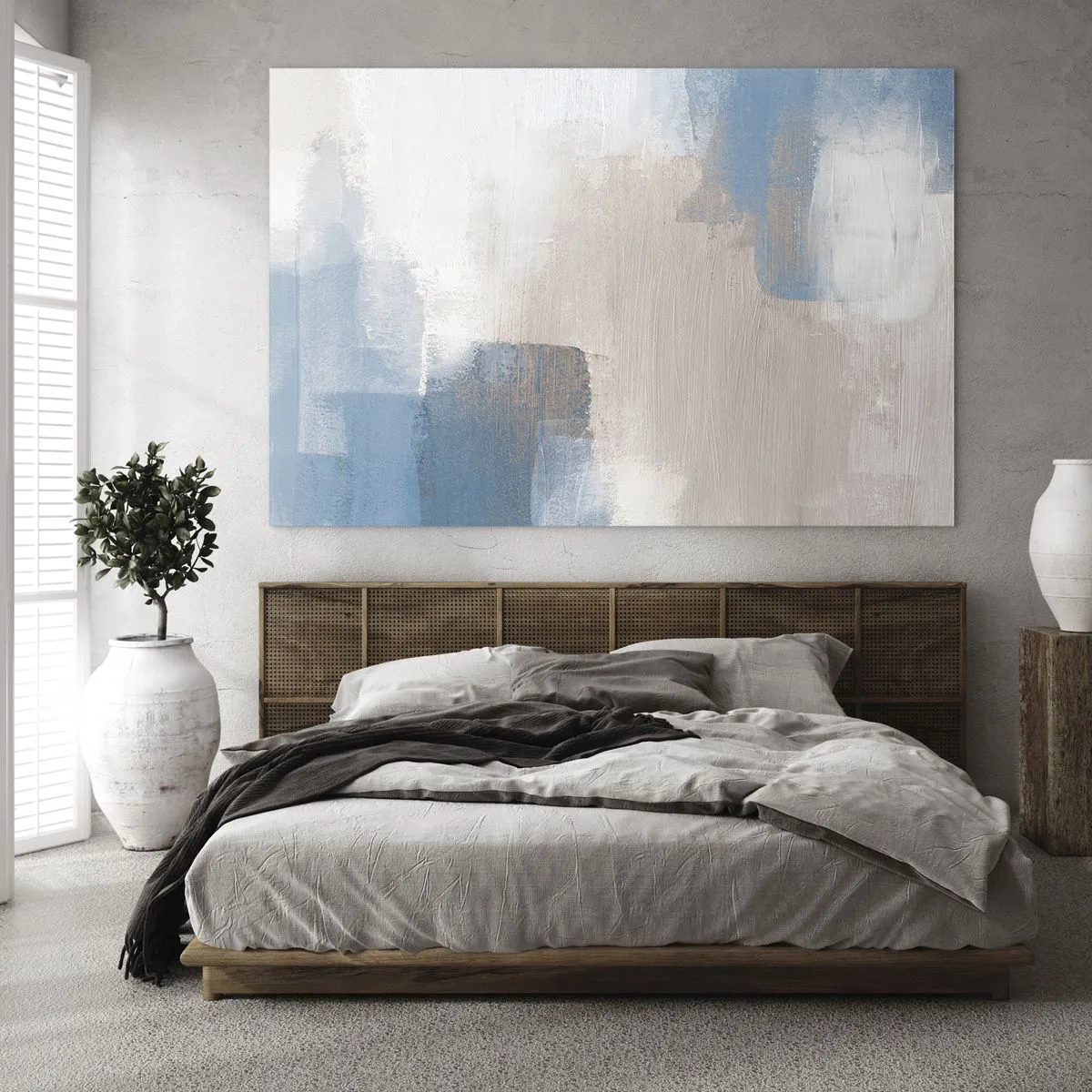 Billede på glas - Beige og blå abstraktion i pastelfarver - 70x50cm - Lyserød abstraktion bag et slør af blåt - Moderne vægdekoration til stue og soveværelse ARTTOR