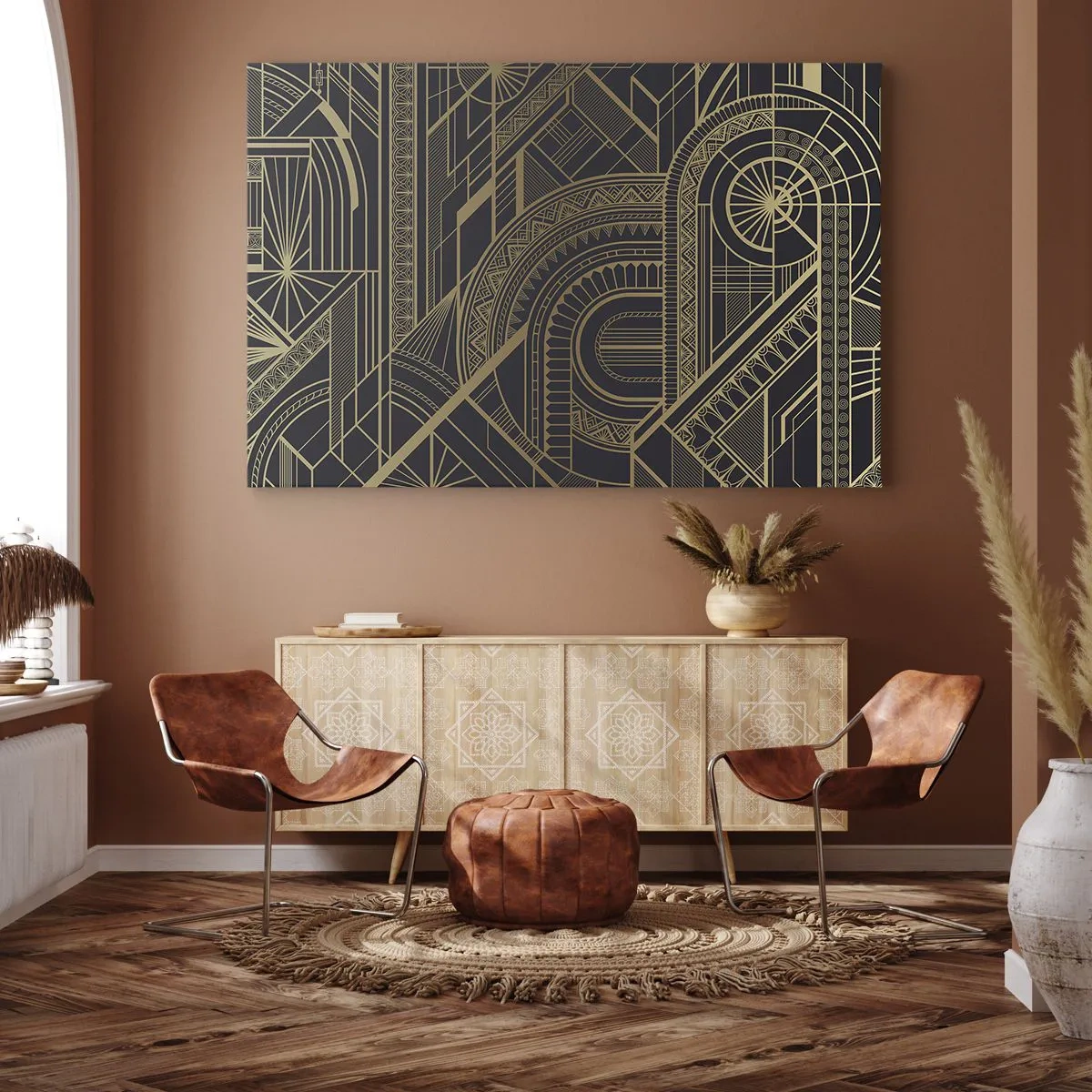 Lærredstryk - Billede på lærred - Gyldne geometriske mønstre på en sort baggrund i Art Deco-stil - 70x50cm - Koncepter, idéer, planer - Moderne vægdekoration til stue og soveværelse ARTTOR