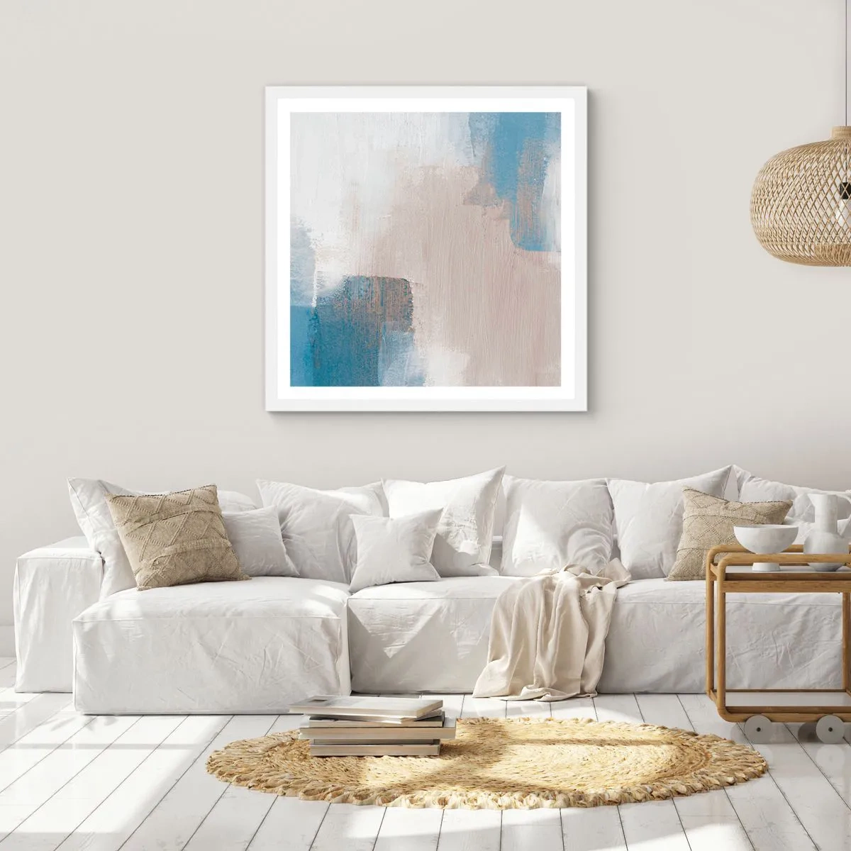 Plakat i hvid ramme - Lyserød abstraktion bag et slør af blåt - 40x40 cm