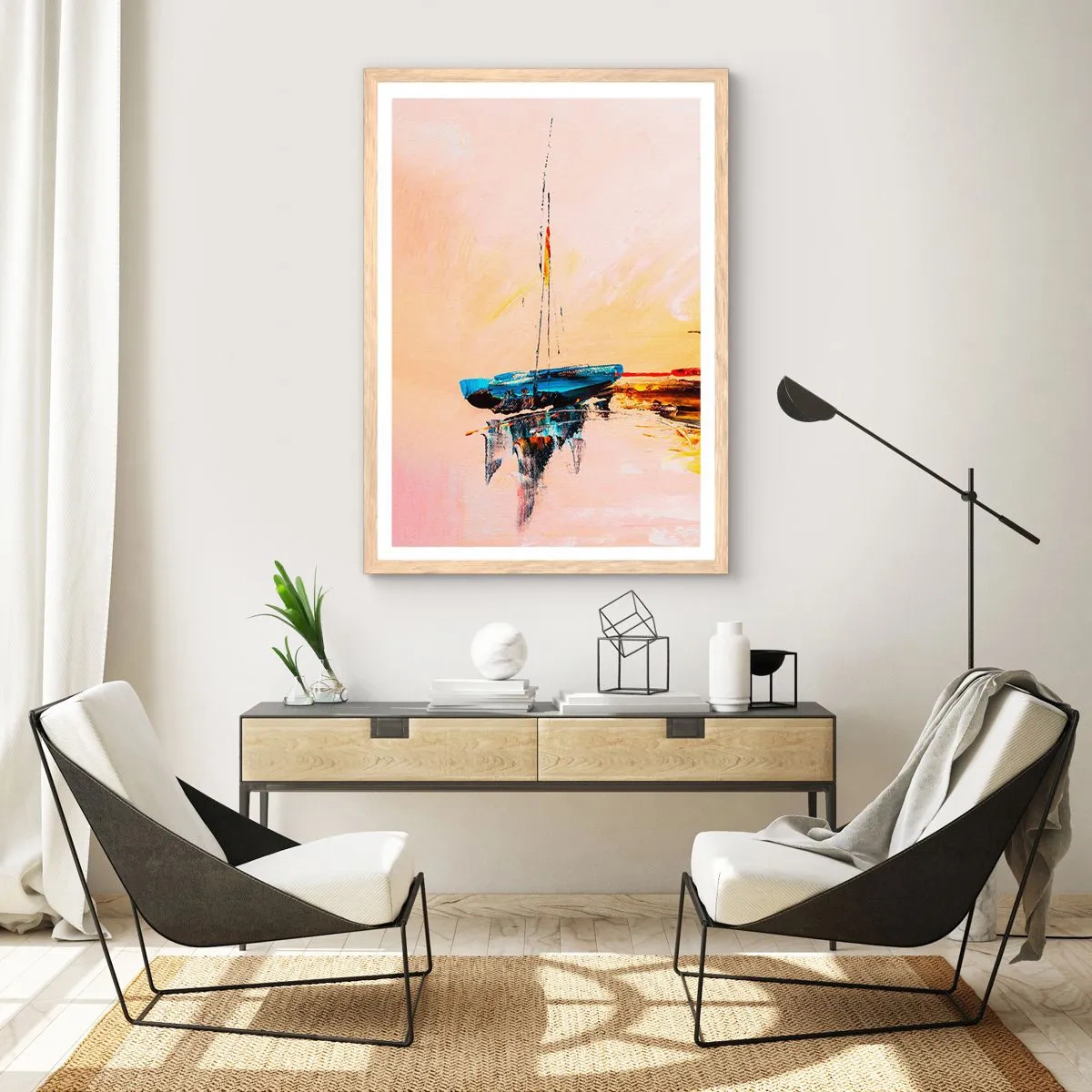 Plakat i ramme af lyst egetræ - En aften i havnen - 50x70 cm
