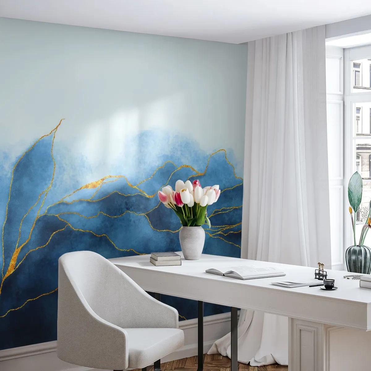Fototapet Premium Canvas - Blå i guld - Luksus, Glamour, Abstraktion - 400x280 cm